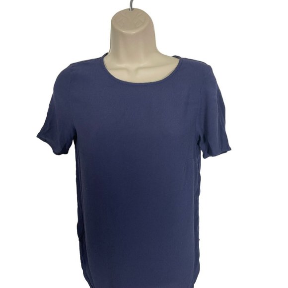 H&M Short-sleeved Blouse Top Navy Blue Viscose Size 4 Rounded Hem Keyhole Back - Picture 3 of 12
